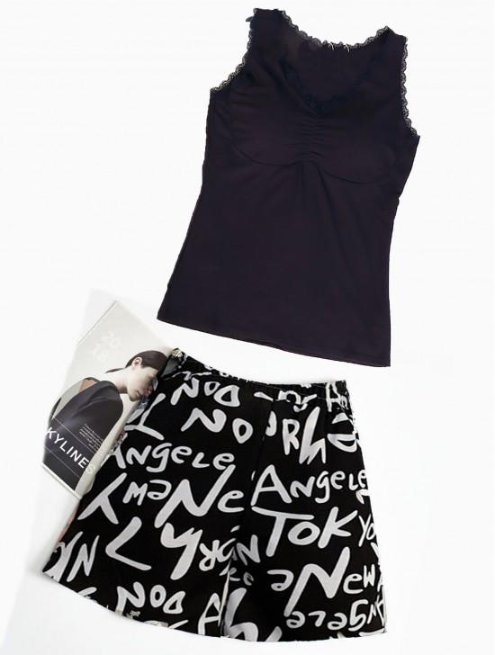 Lace Tank Top W/ Padded Chest Support & Shorts Set (CL17741BK + ST10071)